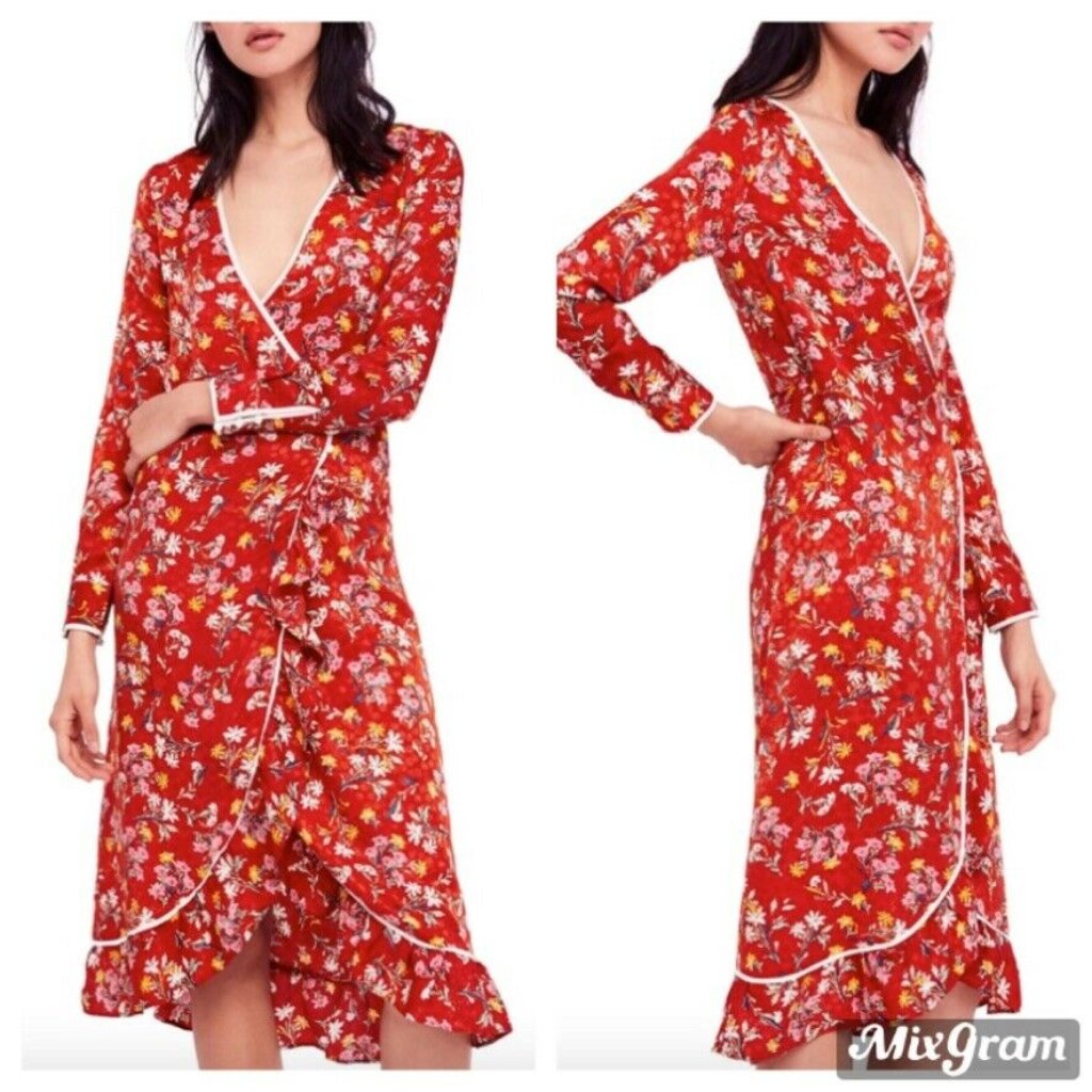 Red Floral Wrap Midi Dress With Ruffle Trim